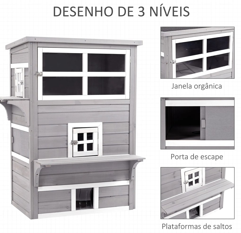 PawHut Casa para Gatos de Madeira Exterior Casa Grande para Gatos de 3 Andares com Múltiplas Entradas Janelas e 2 Plataformas para Terraço Balcão Jardim 98x68,5x122cm Cinza