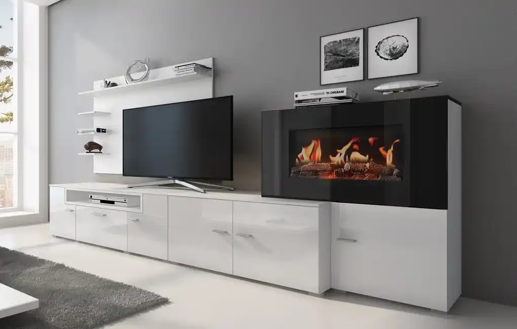 Mobiliário de sala de estar/jantar com lareira eléctrica com 5 níveis de  chama, acabamento Lacado Branco Mate e Branco Brilhante, medidas:  290x170x45c