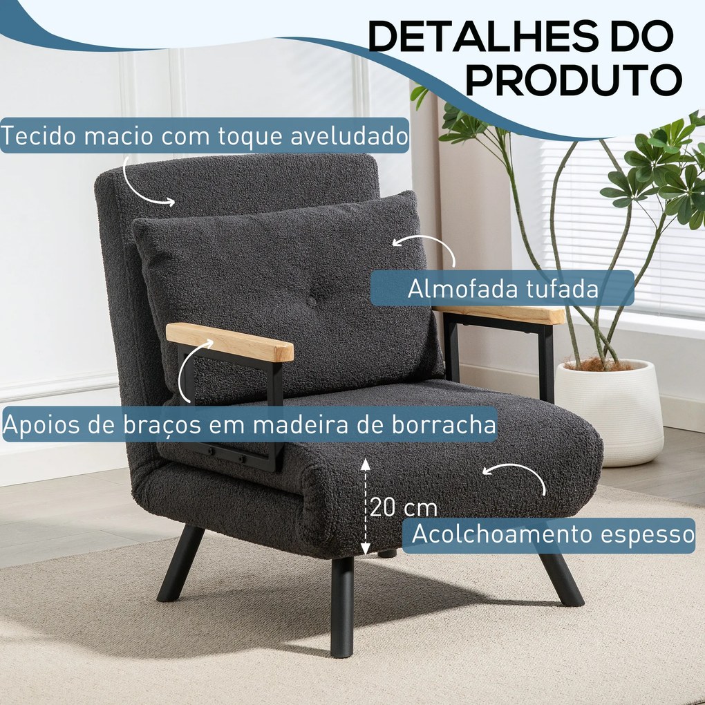 Poltrona Convertível em Cama Poltrona 3 em 1 Convertível em Cama com Encosto Ajustável em 5 Níveis 63x73x81 cm Cinza