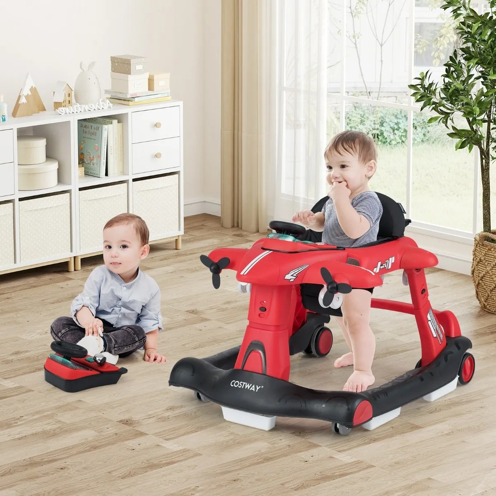 Andador 6 em 1 para bebés de 6 a 18 meses, dobrável, com tema de avião, altura ajustável, bandeja para refeições, centro de atividades conversível, ve