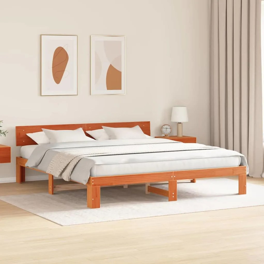 Estrado de Cama com Cabeceira Castanho 180x200 cm Madeira de Pinho