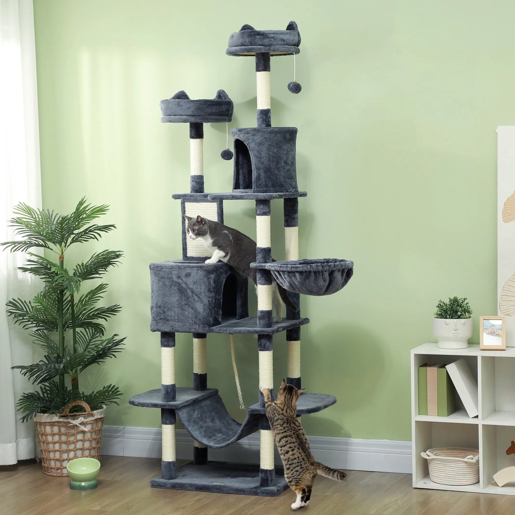 Arranhador para Gatos Grande 60x50x206 cm Torre para Gatos com Plataformas Caverna Bolas Suspensa e Rede Cinza Escuro