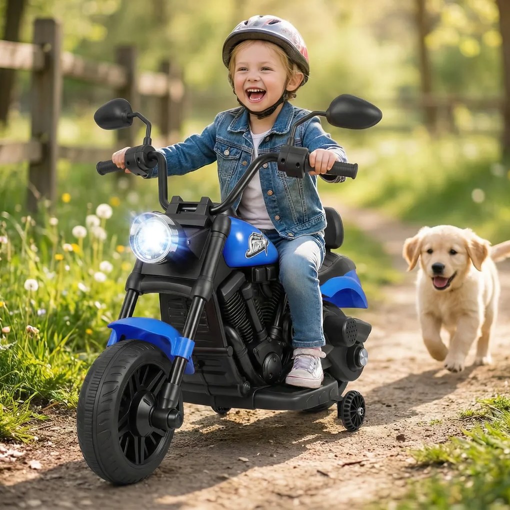 Mota elétrica infantil de 6 V com farol LED, música, 2 rodas, pedais de treino e espelhos retrovisores – a partir dos 18 meses – Preto + Azul