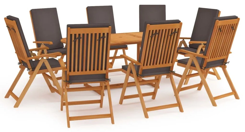 vidaXL 9 pcs conjunto jantar jardim + almofadões cinzentos teca maciça