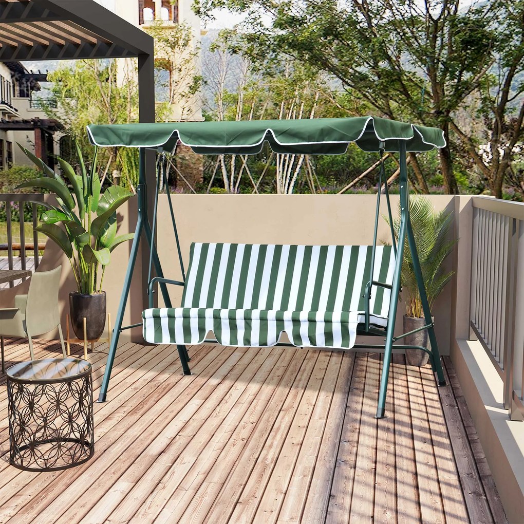Outsunny Baloiço de Jardim de 3 Lugares com Almofada Toldo Ajustável e Estrutura de Metal para Balcão Terraço Patio Carga Máx. 200kg 172x110x153cm Verde e Branco