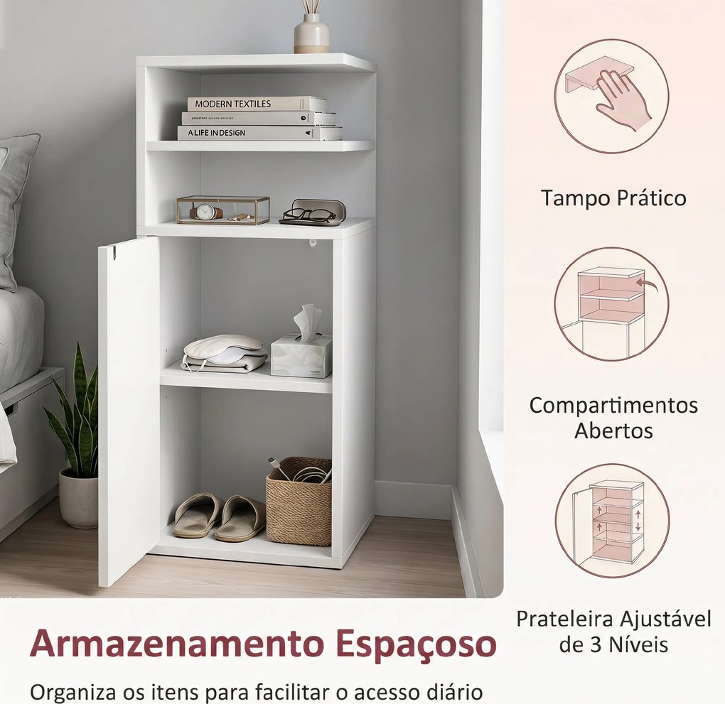 Conjunto de 2 Mesas de Cabeceira com Armário e Compartimentos Abertos, 25x30x60 cm, Branco