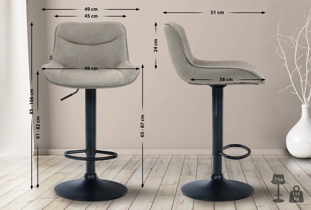 Banco alto em tecido com estrutura preta 85-106 x 49 x 51 cm castanho acinzentado