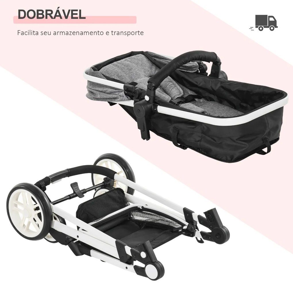 Carrinho de Bebé 2 em 1 Carrinho de Passeio e Alcofa para Crianças de 0 a 36 Meses com Capota Dobrável Encosto Inclinável Cesta Grande Alavanca de Fre