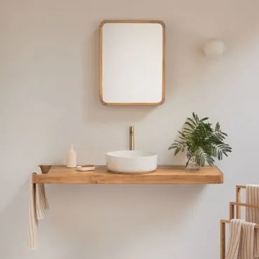 Conjunto De Móvel De Casa De Banho 130x45 Cm Suspenso Em Madeira De Teca Neill Madeira De Teca & Cerâmica Redonda Branca Ø40 Cm Lenka & Dourado Escova