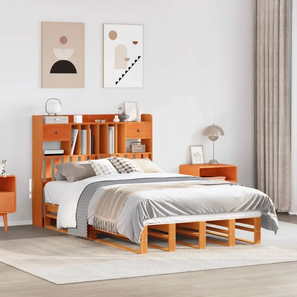 vidaXL Cama c/ estante sem colchão 120x200cm pinho maciço castanho-mel