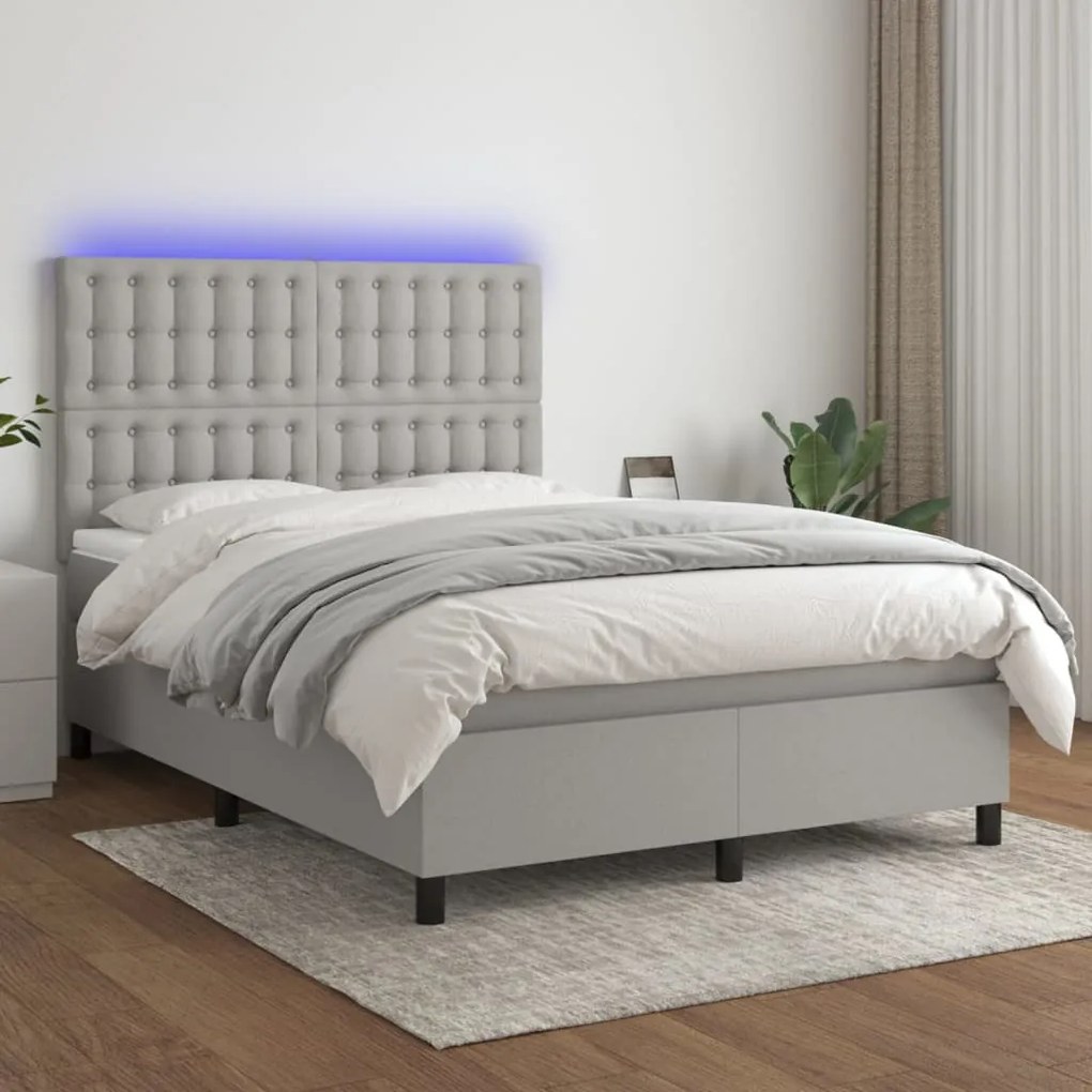 Cama box spring c/ colchão e LED 140x200 cm tecido cinza-claro