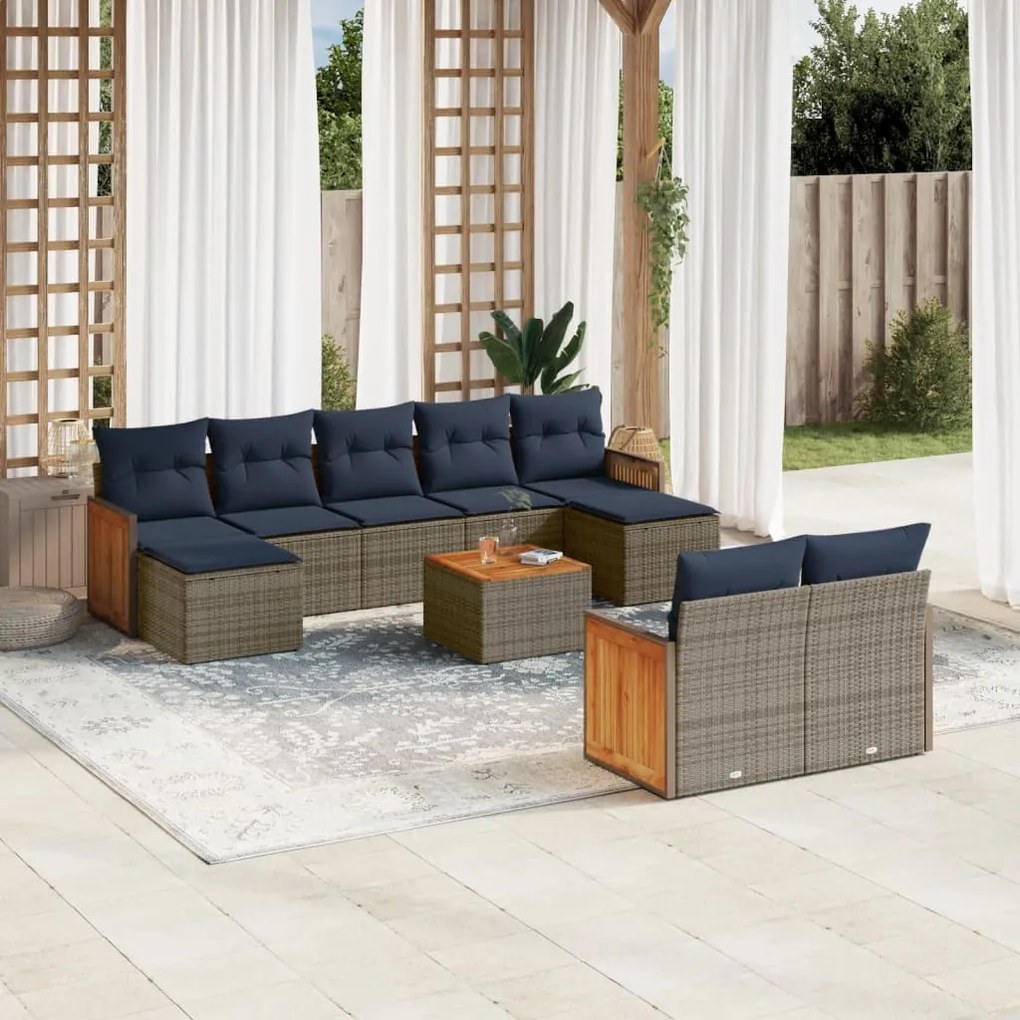 vidaXL 10 pcs conjunto sofás p/ jardim c/ almofadões vime PE cinzento