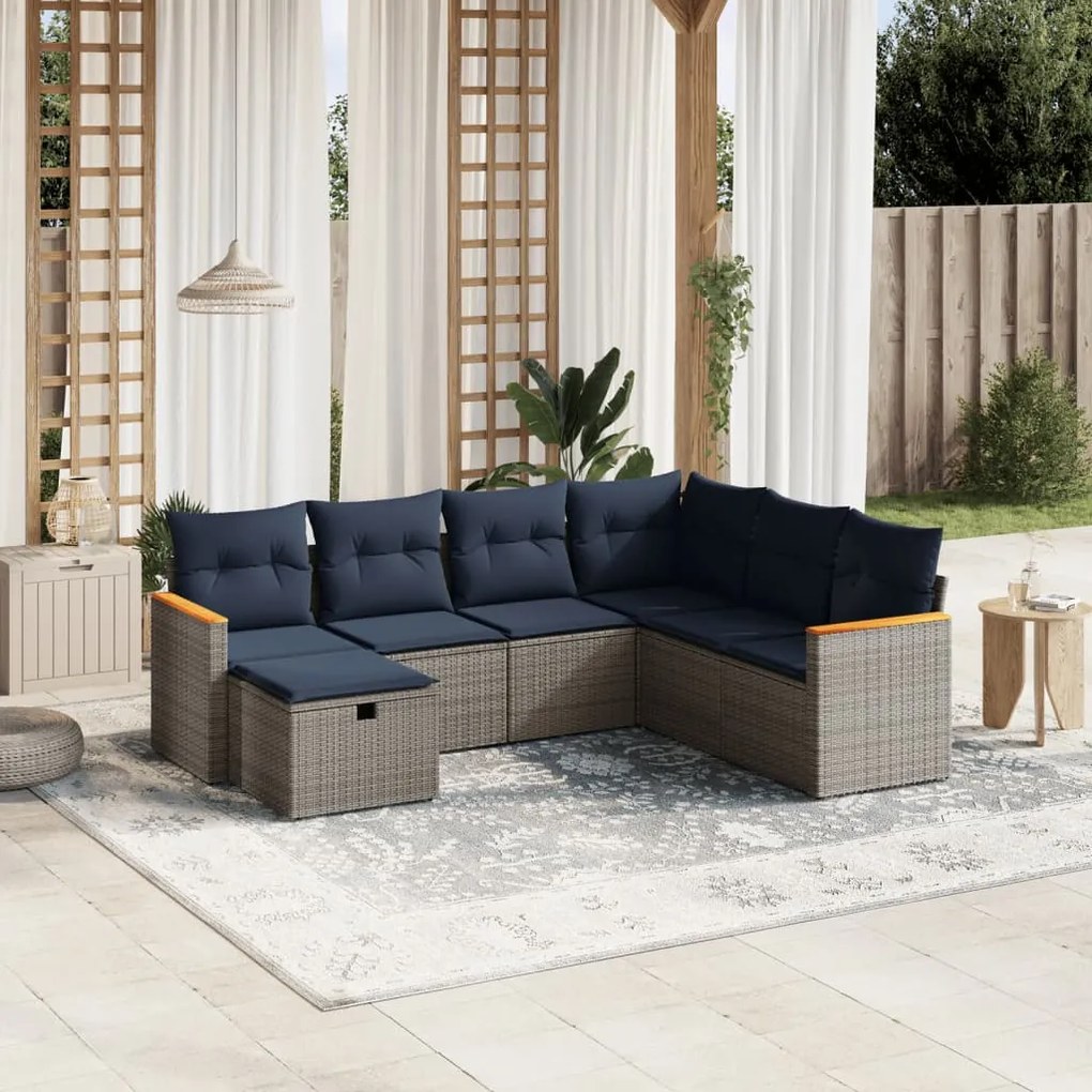 vidaXL 7 pcs conjunto sofás p/ jardim c/ almofadões vime PE cinzento