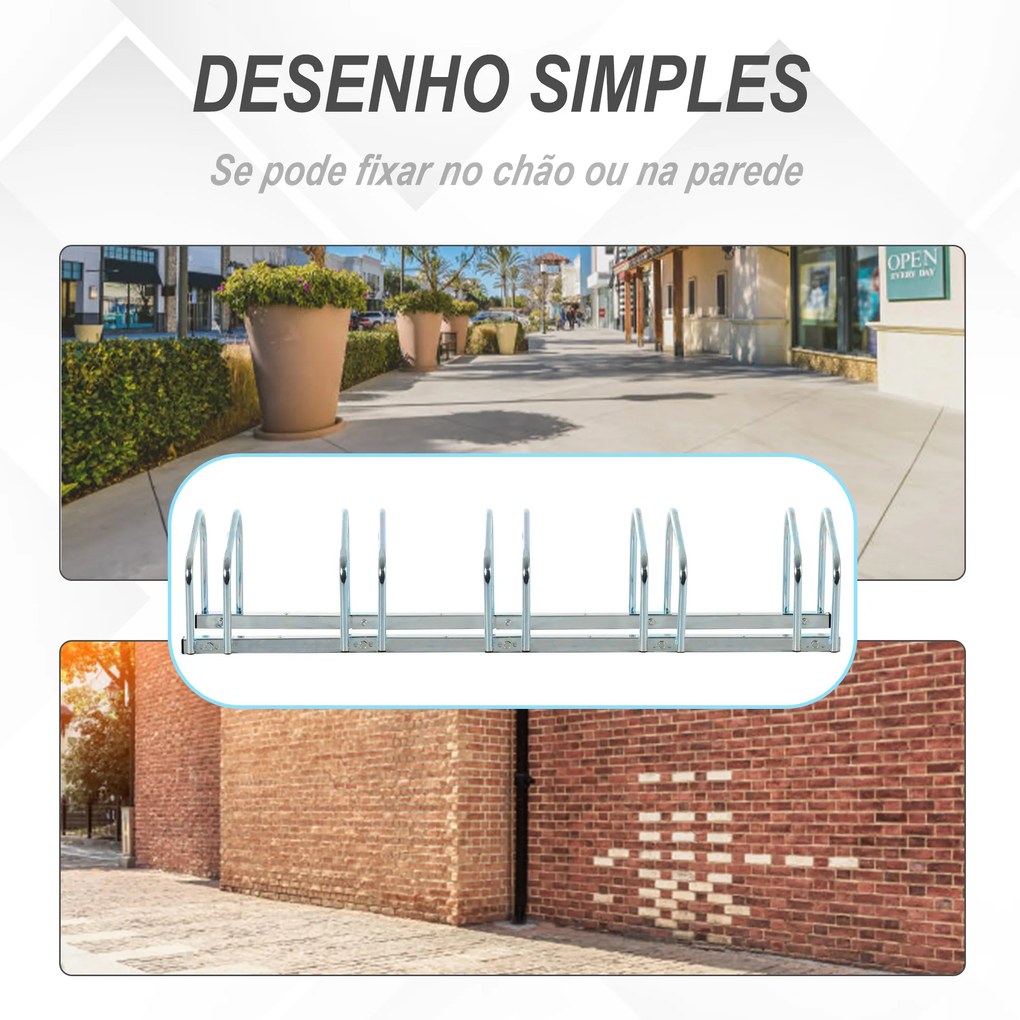 HOMCOM Estacionamento para 5 Bicicletas Suporte de Aço para Estacionar Bicicletas no Chão para Interior e Exterior 145x33x27cm Prata