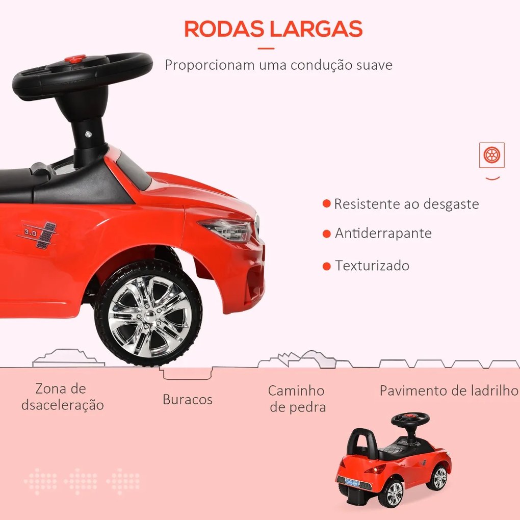 Carro Andador para Crianças de 18-36 Meses com Faróis Música Buzina Volante Compartimento de Armazenamento e Alça para Empurrar 63,5x28x36 Vermelho