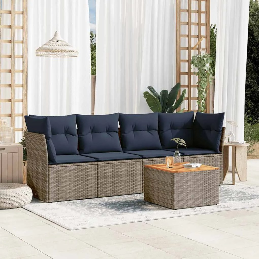 5 pcs conjunto sofás p/ jardim c/ almofadões vime PE cinzento