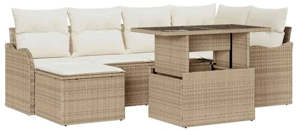 Conjunto de Sofá Jardim de 7 Peças com Almofadas Rattan Poli Bege