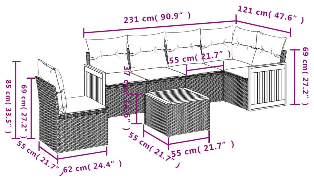 7 pcs conjunto sofás p/ jardim c/ almofadões vime PE cinzento