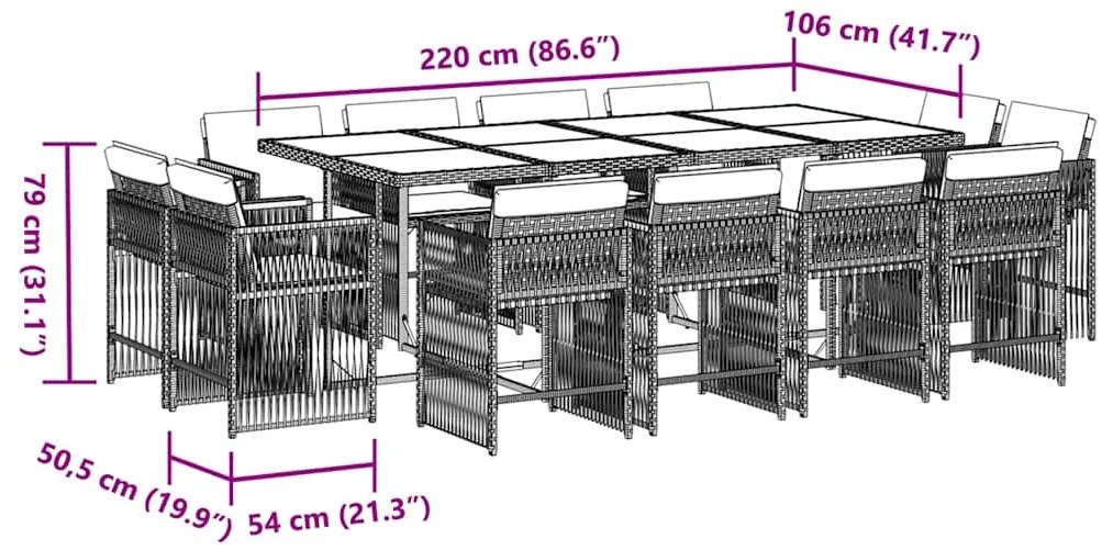 13 pcs conjunto de jantar p/jardim com almofadões vime PE preto