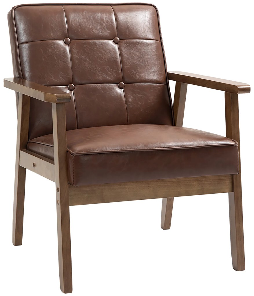 HOMCOM Poltrona para Sala com Apoio para Braços Castanho Estofada em PU Estrutura de Madeira de Borracha | Aosom Portugal