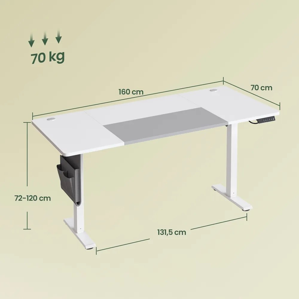 Secretária elétrica ajustável em altura, 160 x 70 x (72-120) cm, função de memória branco-cinzento