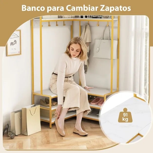 Guarda roupa aberto, móvel entrada de canto com prateleiras abertas e ganchos Banco para sapatos Estrutura metálica sólida 90 x 90 x 178 cm Branco