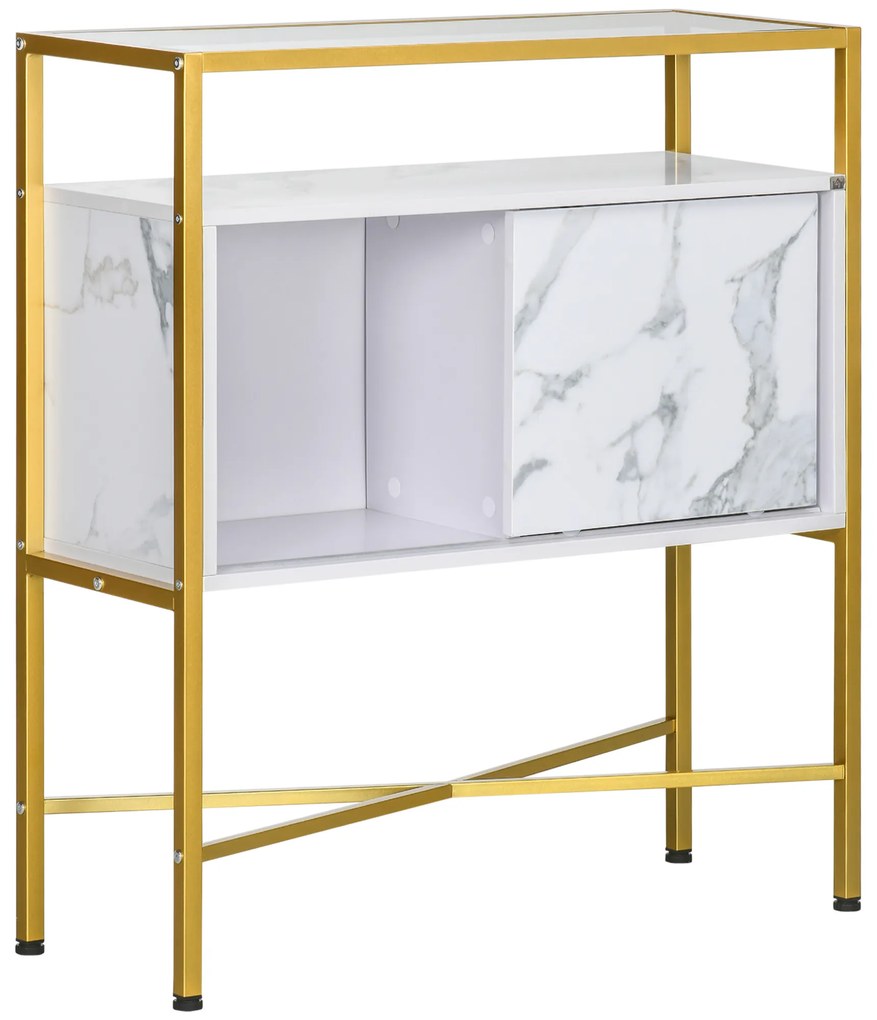 HOMCOM Mesa Consola Aparador de Entrada com Bancada de Vidro Temperado e Compartimento de Armazenamento Móvel de Entrada para Sala de Estar Estúdio 80x30x90cm Branco e Dourado