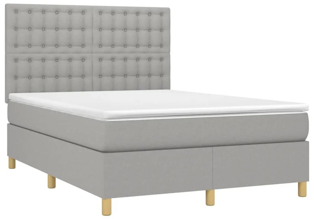 Cama box spring c/ colchão e LED 140x190 cm tecido cinza-claro