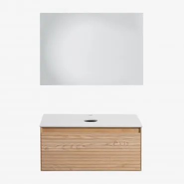 Conjunto De Móvel De Casa De Banho Suspenso 80x50 Cm Em Madeira De Freixo Tedrik Castanho Fresno & Sem Lavatório & Led Retangular - Sklum