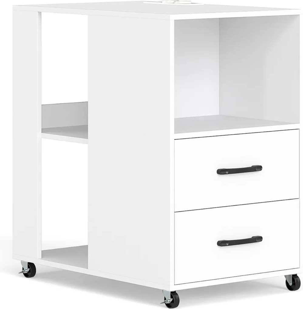 Mesa de cabeceira 60 x 40 x 65,5 cm com rodas, gavetas, prateleiras de armazenamento, e estação de carregamento Branco