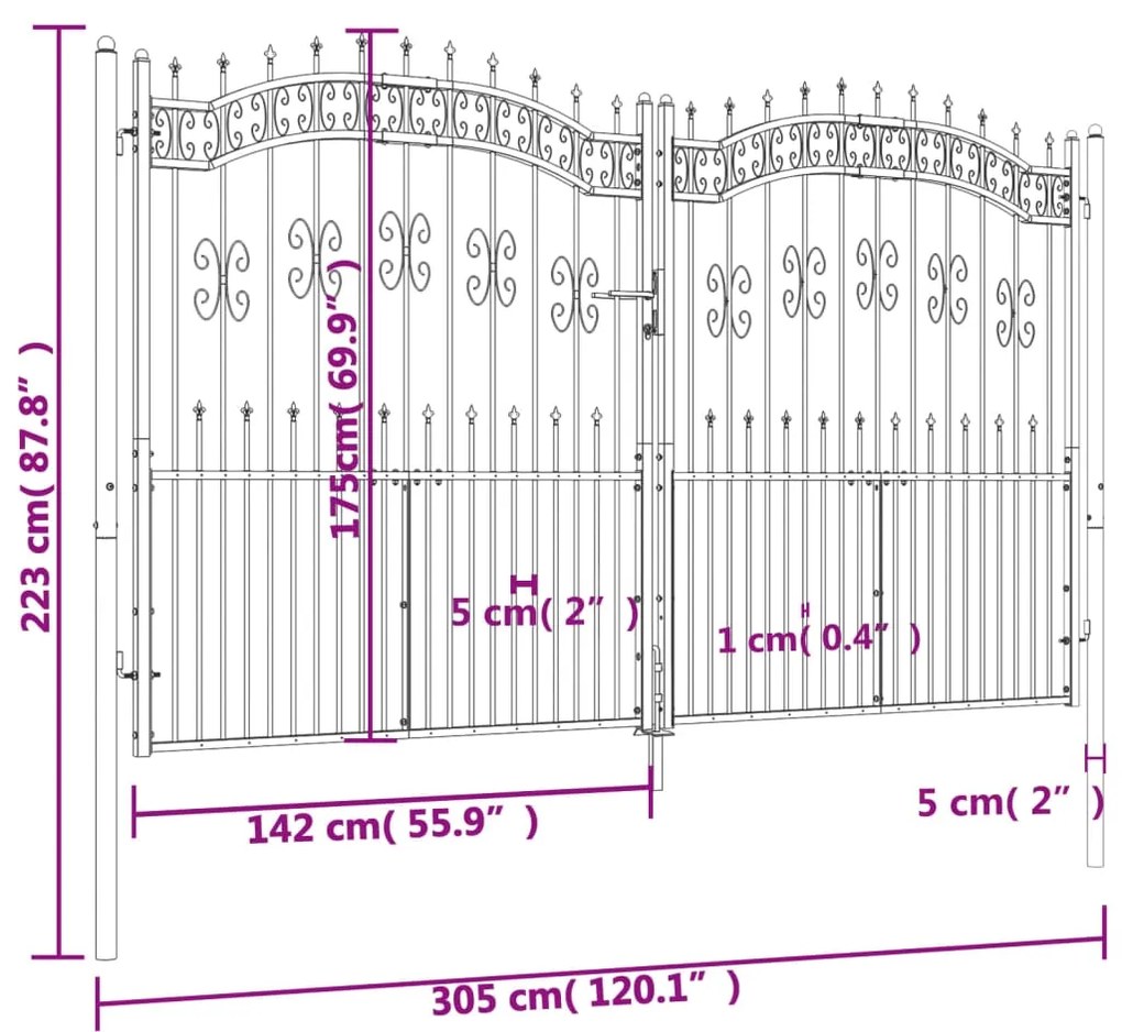 Portão de cerca c/ topo em lanças aço revestido a pó preto