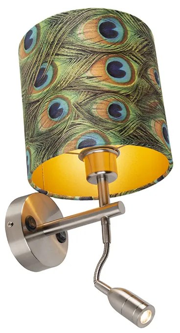 LED Candeeiro de parede moderno em aço com luz de leitura e abajur em veludo 20/20/20 Pavão - Dourado Moderno