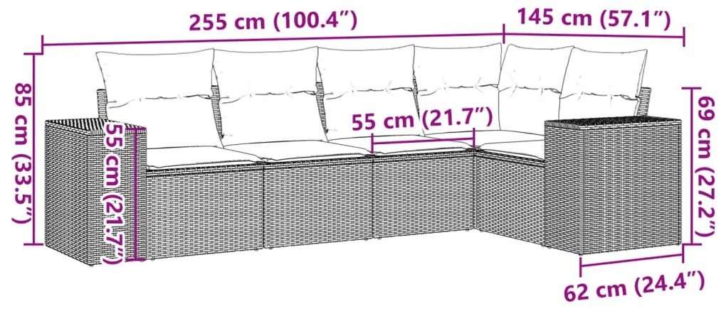 5 pcs conjunto de sofás p/ jardim com almofadões vime PE bege