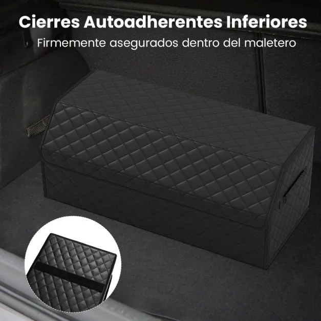 Organizador dobrável para porta-malas Carro 51L com tampa acolchoada em couro 30 x 69 x 27,5 cm e divisória ajustável Grande capacidade Preto