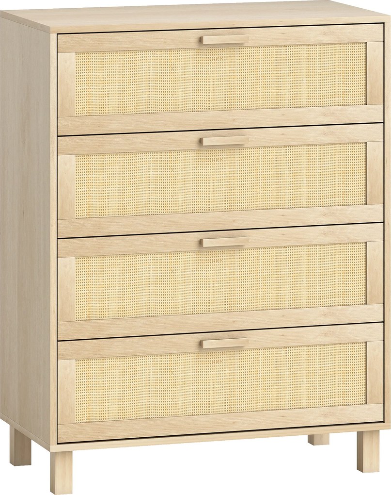 HOMCOM Cómoda 4 Gavetas Tecelagem de Vime 80x40x103 cm MDF Aspecto Madeira Claro | Aosom Portugal
