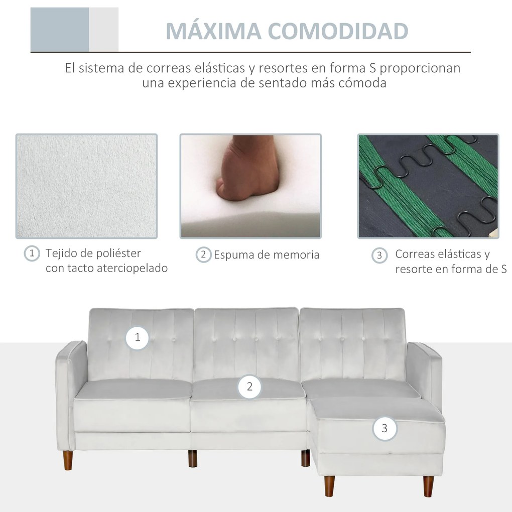 HOMCOM Sofá Cama com Chaise Longue de 3 Lugares Tato Aveludado com Encosto Ajustável e Apoio para os Pés Móvel 218x85x86cm Cinza Claro