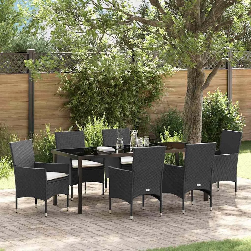 vidaXL Conjunto de Jantar de Jardim com 7 Peças e Almofadas Pretas em Rattan Sintético