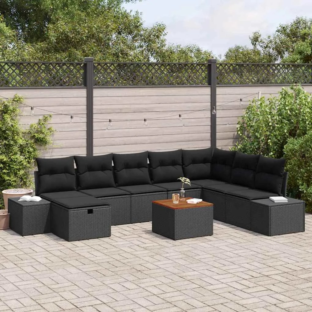 vidaXL Conjunto de Sofá de Jardim com almofada 9 pcs Preto vime PE