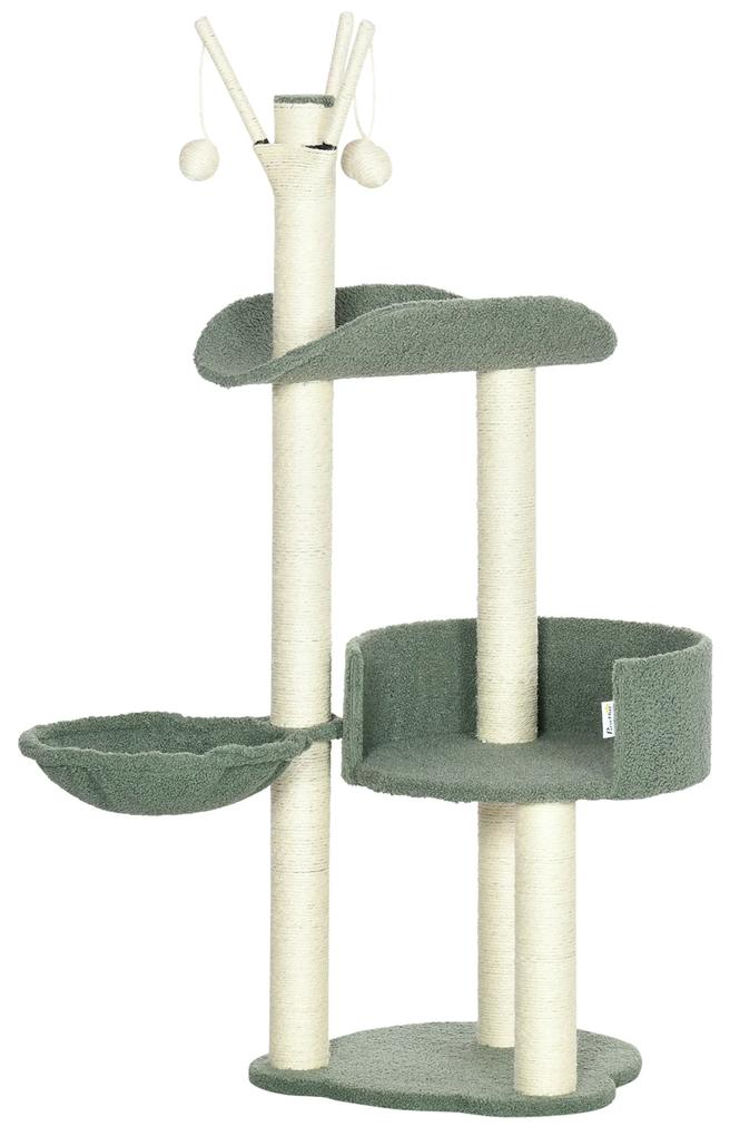 Árvore Arranhador para Gatos Torre para Gatos Altura 123cm com Rede Cama Postes de Sisal e Bola de Brincar 44x43x123cm Verde e Creme