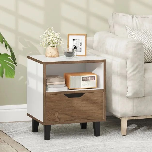 Mesas de cabeceira ou mesa de apoio moderna com gaveta Estante aberta para arrumação Pernas de metal Castanho + Branco