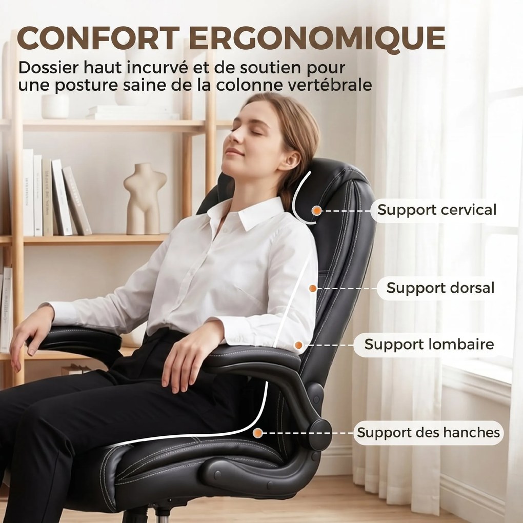 Cadeira de escritório ergonómica, com braços rebatíveis, altura ajustável, função de balanço, preta