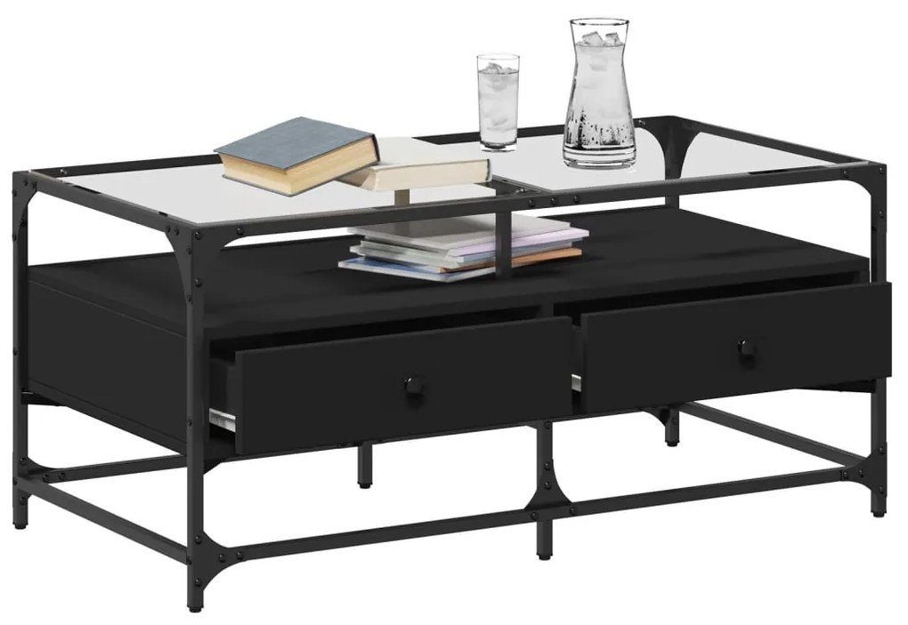 Mesa de centro com topo em vidro preto 98,5x50x45 cm aço