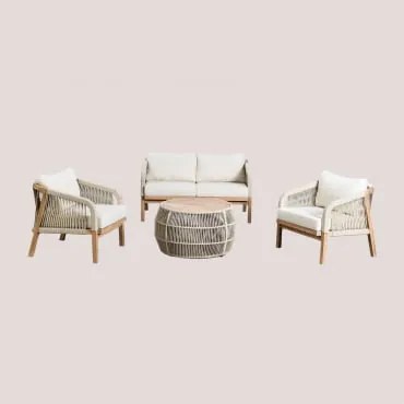 Conjunto De Jardim Com Sofá De 2 Lugares, Duas Poltronas E Mesa De Centro Em Madeira De Acácia E Corda Trançada Dubai - Sklum