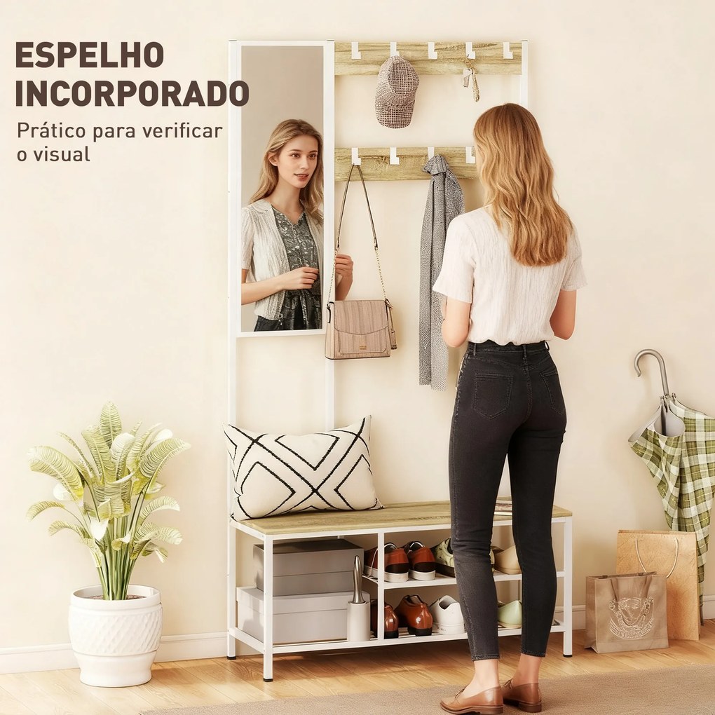 Móvel Cabide de Entrada com Espelho e Sapateira 4 em 1 com 3 Prateleiras Banco 10 Ganchos 98x34x186 cm Madeira