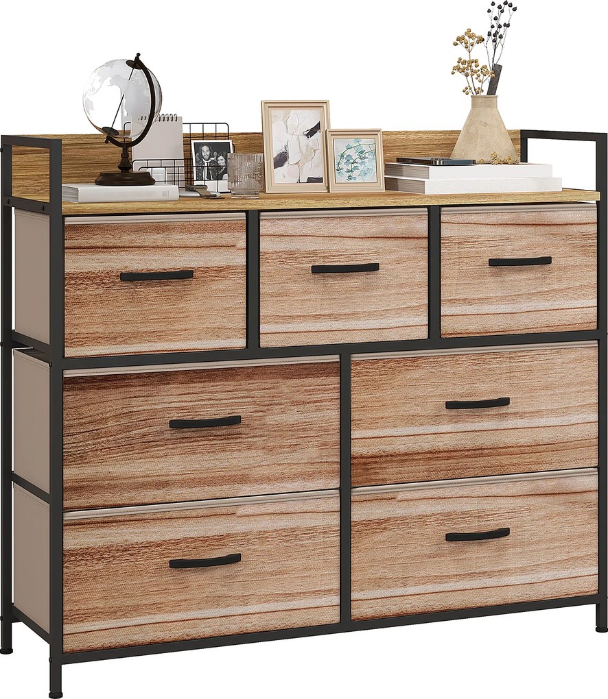 Cómoda com 7 gavetas, móvel de arrumação com gavetas em tecido dobrável - estrutura em aço preto - 98 x 29 x 85 cm