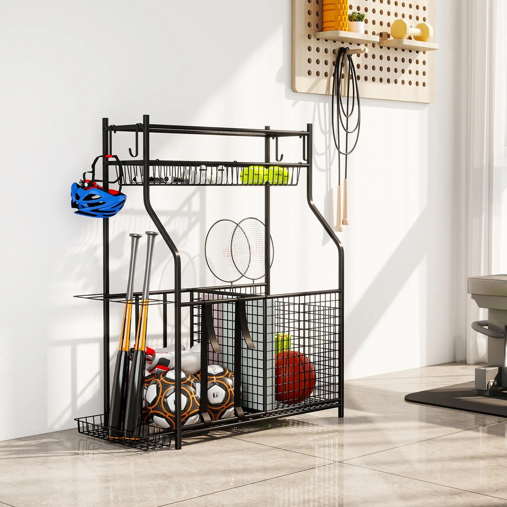 Organizador de Equipamentos Desportivos com Cesto Ganchos Removíveis e Faixas Elásticas Suporte para Bolas 92x42x109 cm Preto
