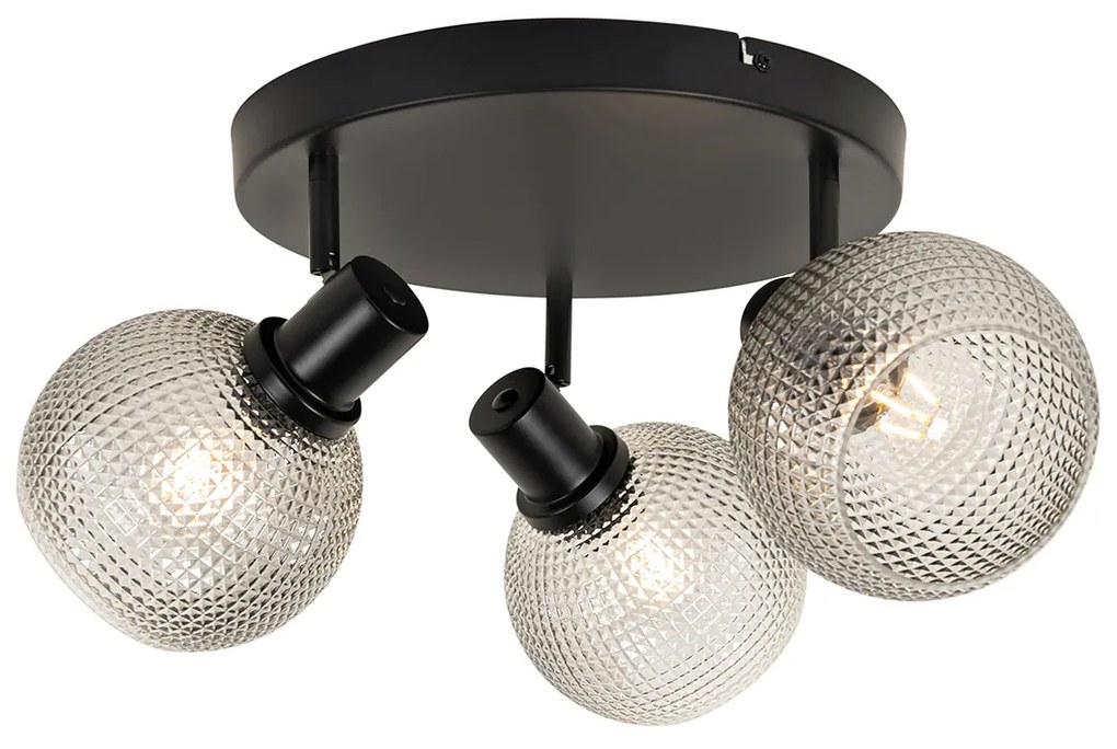 Candeeiro de teto design preto com vidro fumê 3-luzes redondo - Chico Design