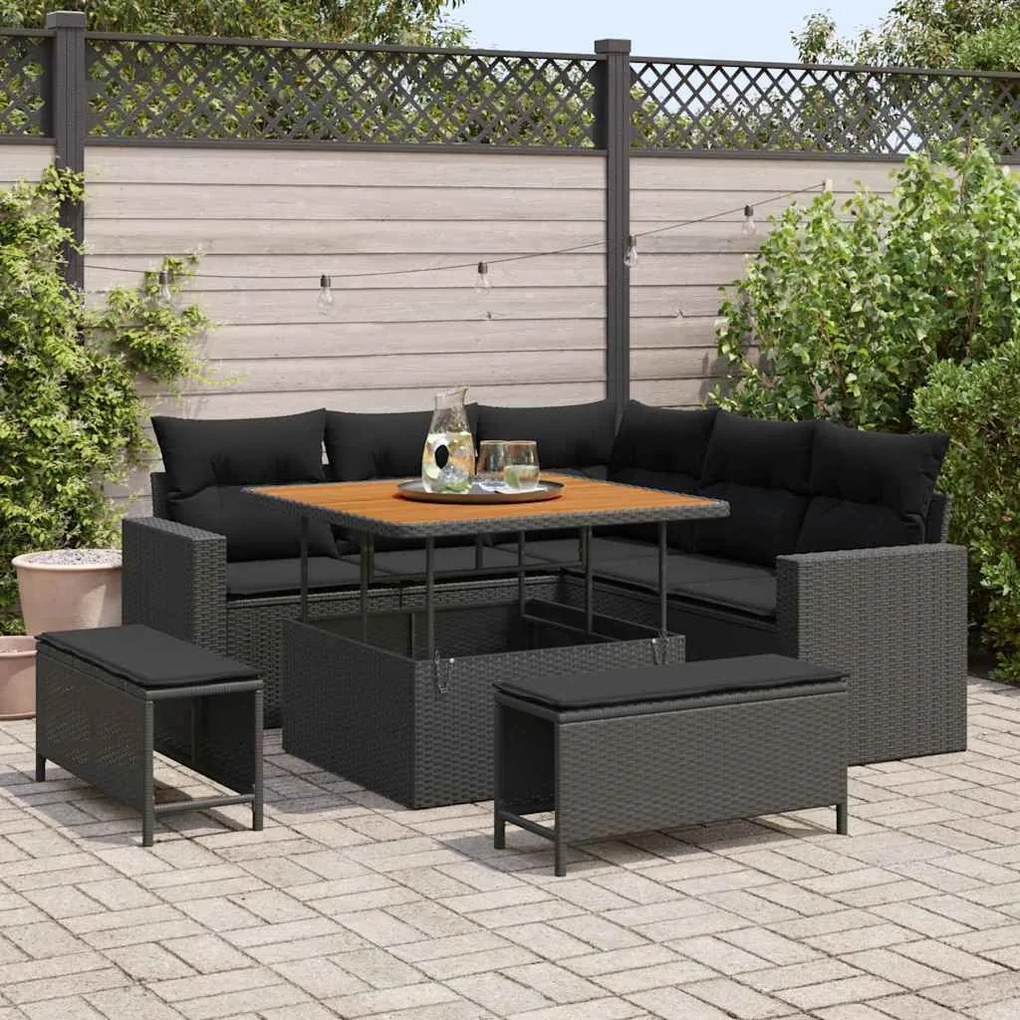 vidaXL Conjunto de Sofá de Jardim com 8 Peças e Almofadas em Rattan Sintético e Acácia