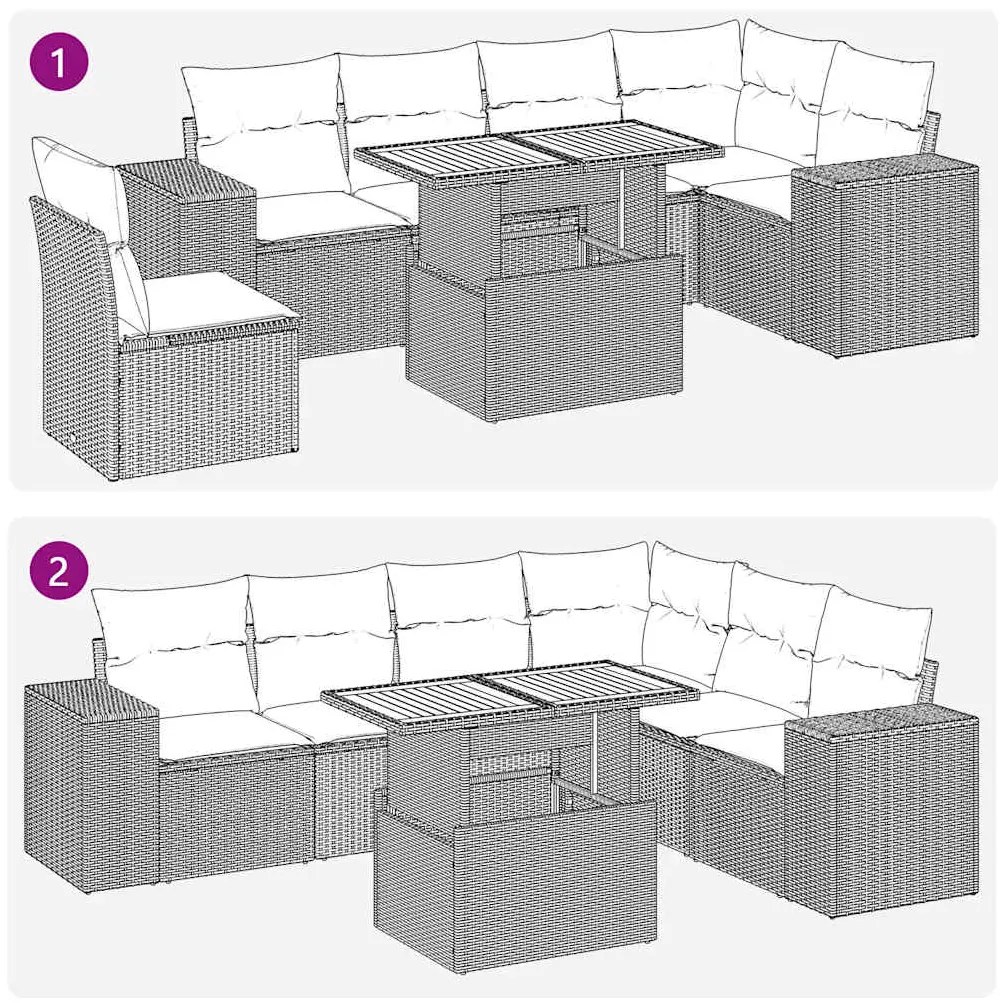 7 pcs conjunto de sofás p/ jardim com almofadões vime PE bege