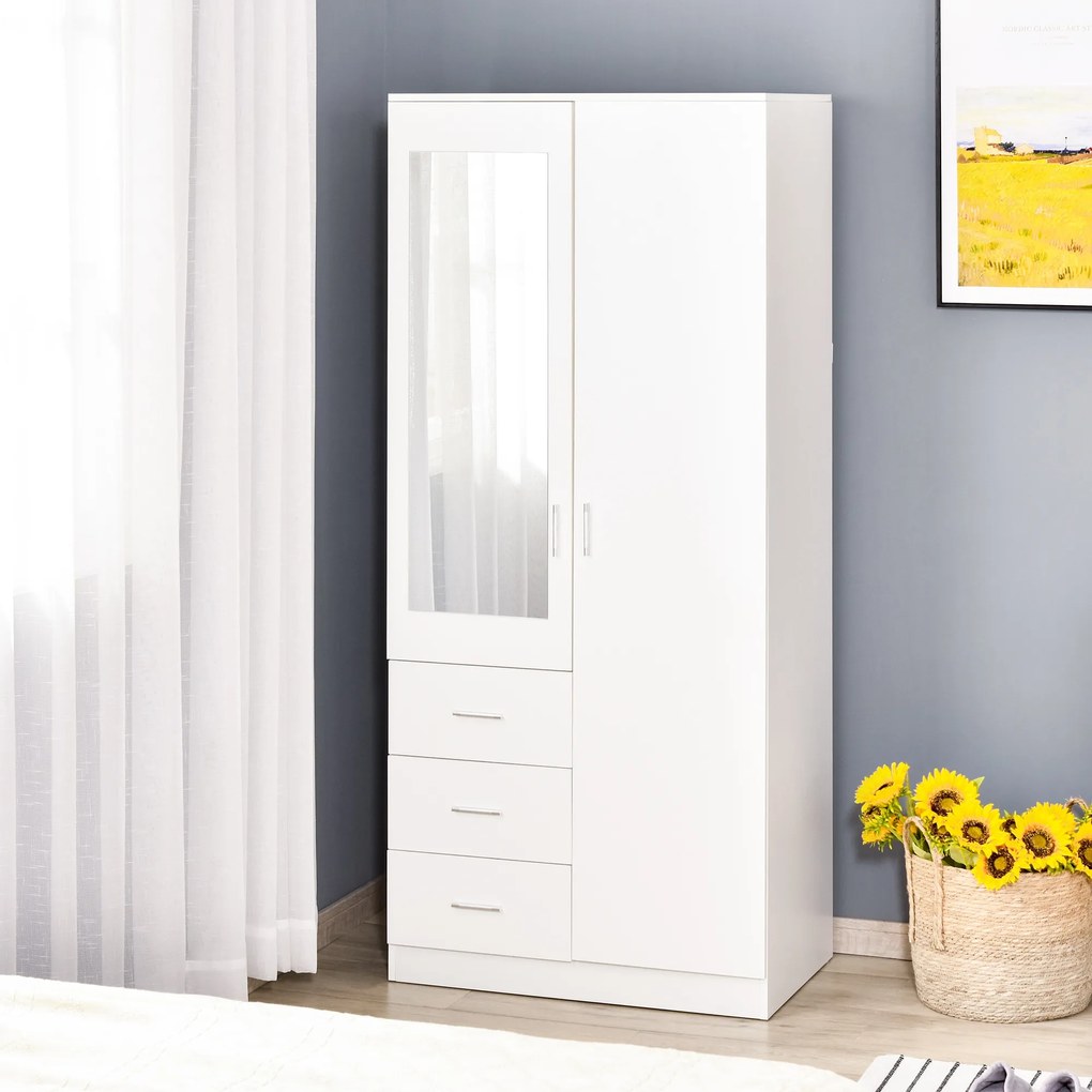 Armário Roupeiro de 2 Portas com Espelho 3 Gavetas Prateleiras Ajustáveis e Barra para Pendurar Incluida Roupeiro para Dormitório 80x50x180cm Branco